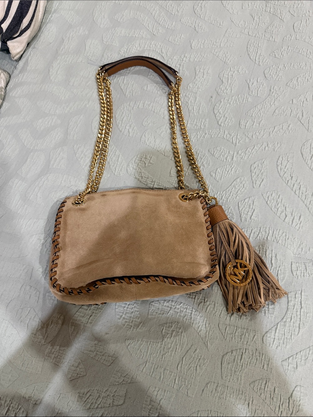 Michael Kors New Suede Chain Shoulder Bag with Tassel - Tan